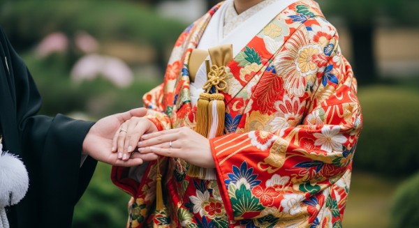 和装の結婚式で、華やかな赤色の色打掛を着た新婦と黒色の紋付袴を着た新郎が手を重ね、結婚指輪を見せている手元のクローズアップ。