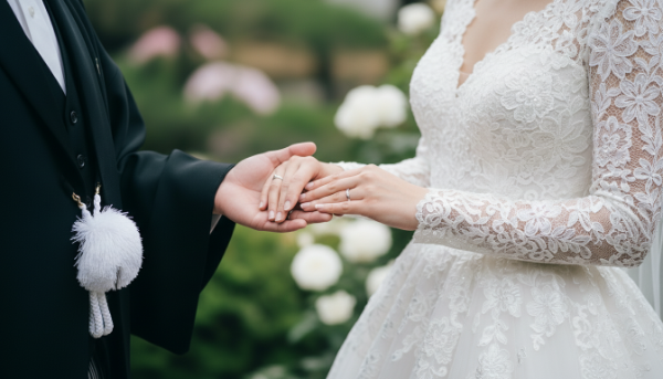 白いレースのウェディングドレスを着た新婦と黒い礼服を着用した新郎が、互いの手を重ねて結婚指輪を見せているクローズアップ写真。